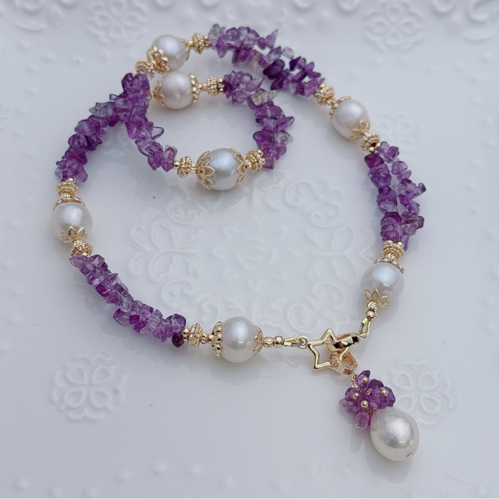 26x127 Handmade Freshwater Baroque Pearl Amethyst Necklace With Pendant 50$
